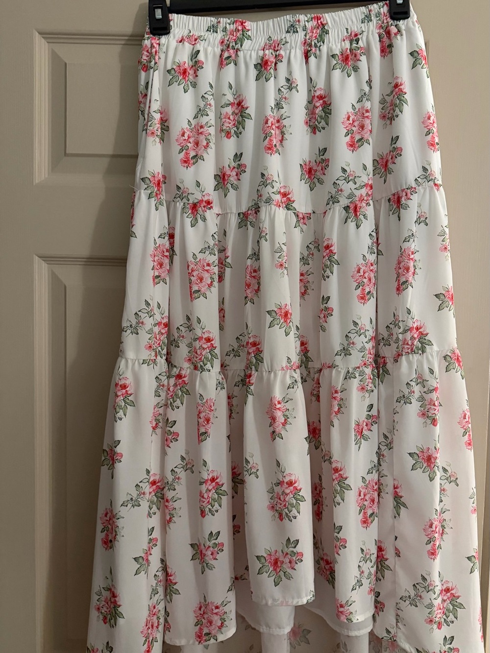 White Floral Tiered High-Low Skirt with Pink Roses